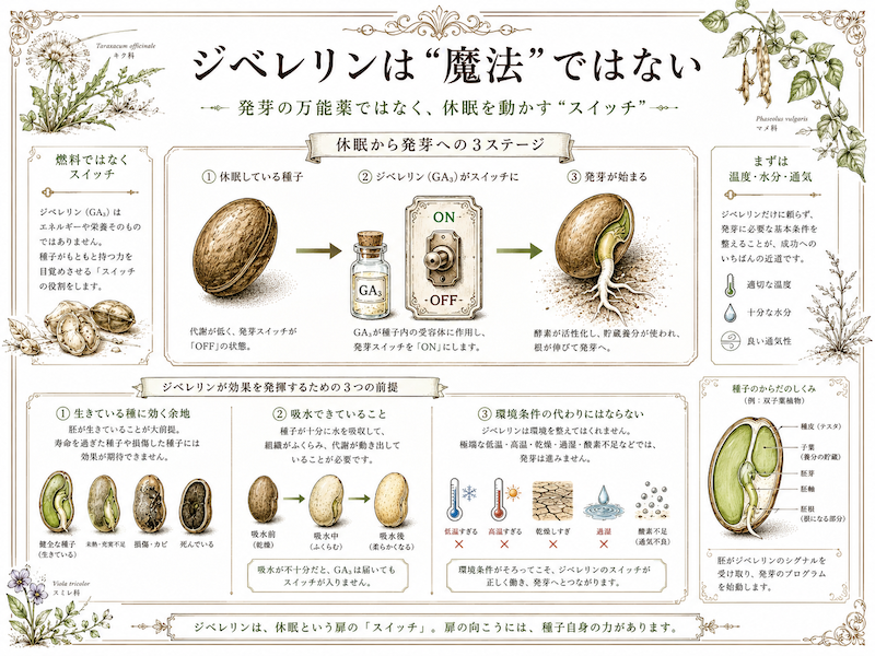 ジベレリンは魔法ではない。休眠から発芽へのスイッチを説明する図