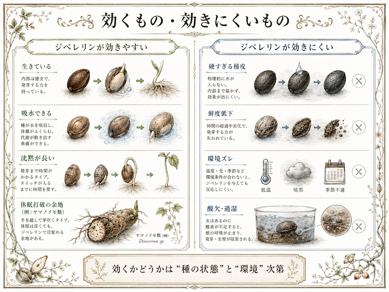 ジベレリンが効きやすい種と効きにくい種を整理した図