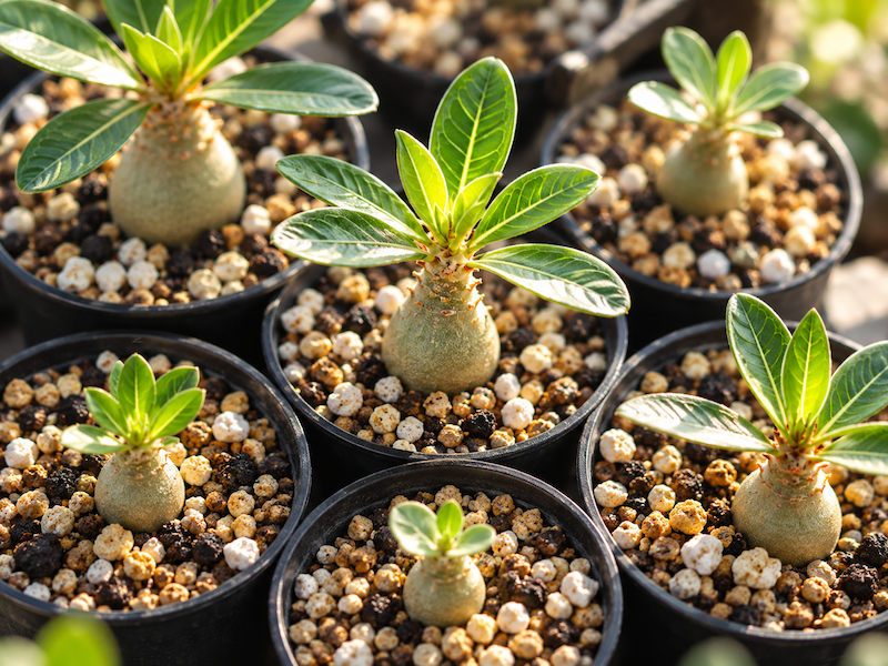光を浴びる塊根植物の苗たち